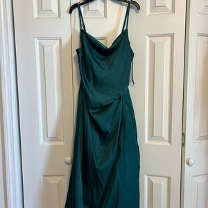 Nicole Miller Teal Satin Cowl Neck Maxi Dress